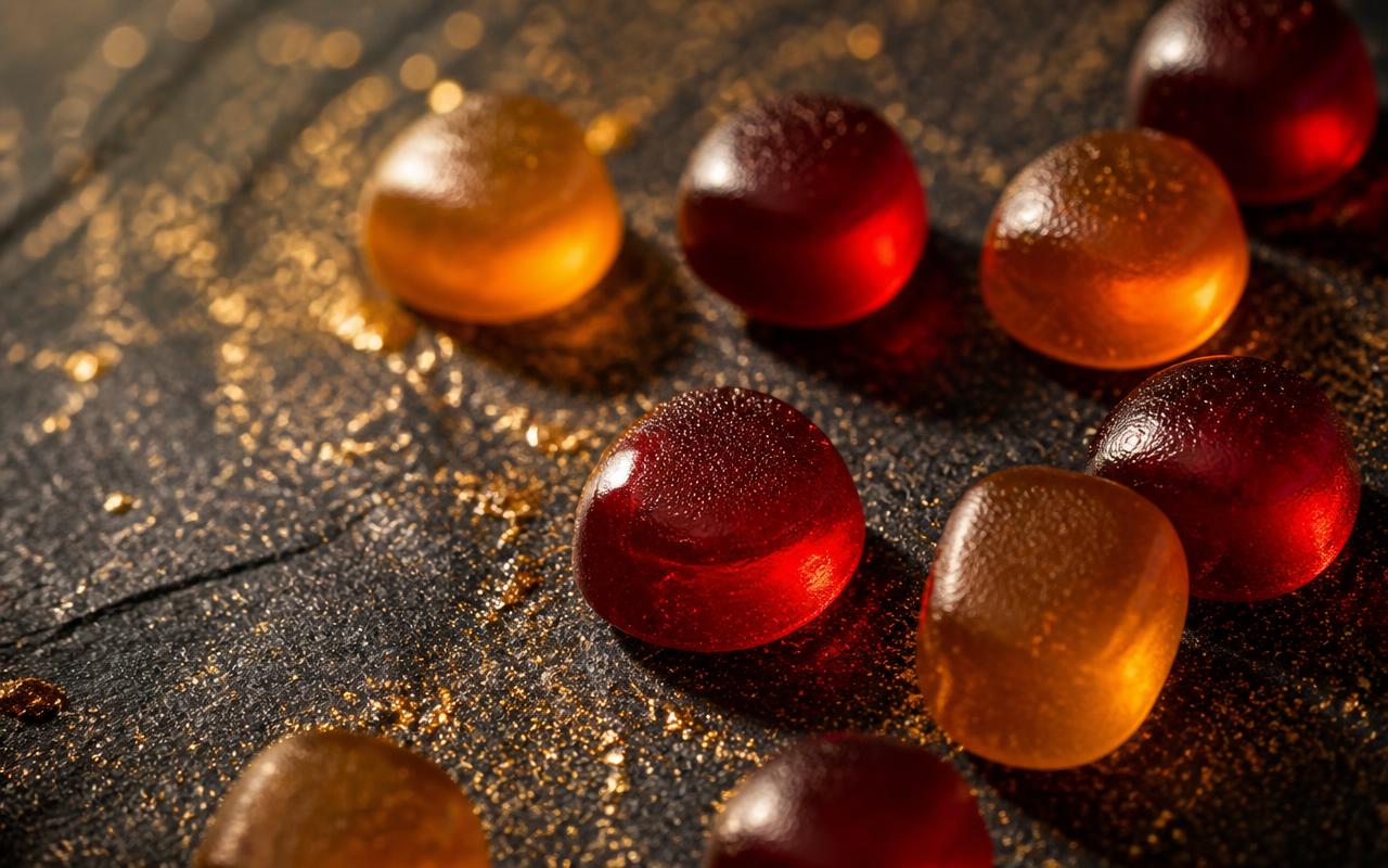 Gomitas MANCODE de color rojo y ámbar sobre pizarra oscura
