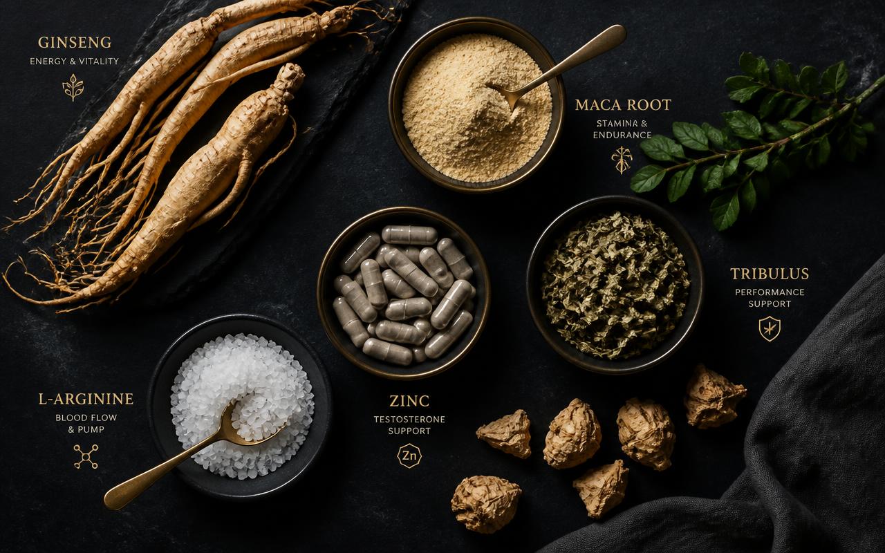 Ingredientes típicos de una fórmula masculina: ginseng, maca, tribulus, zinc y L-arginina